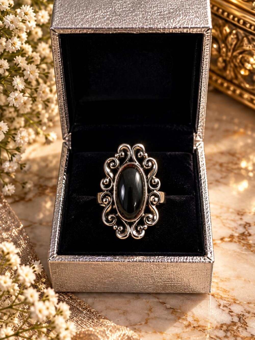 Vintage Marcasite Style Black Oval Stone Statement Ring – Size 8,5